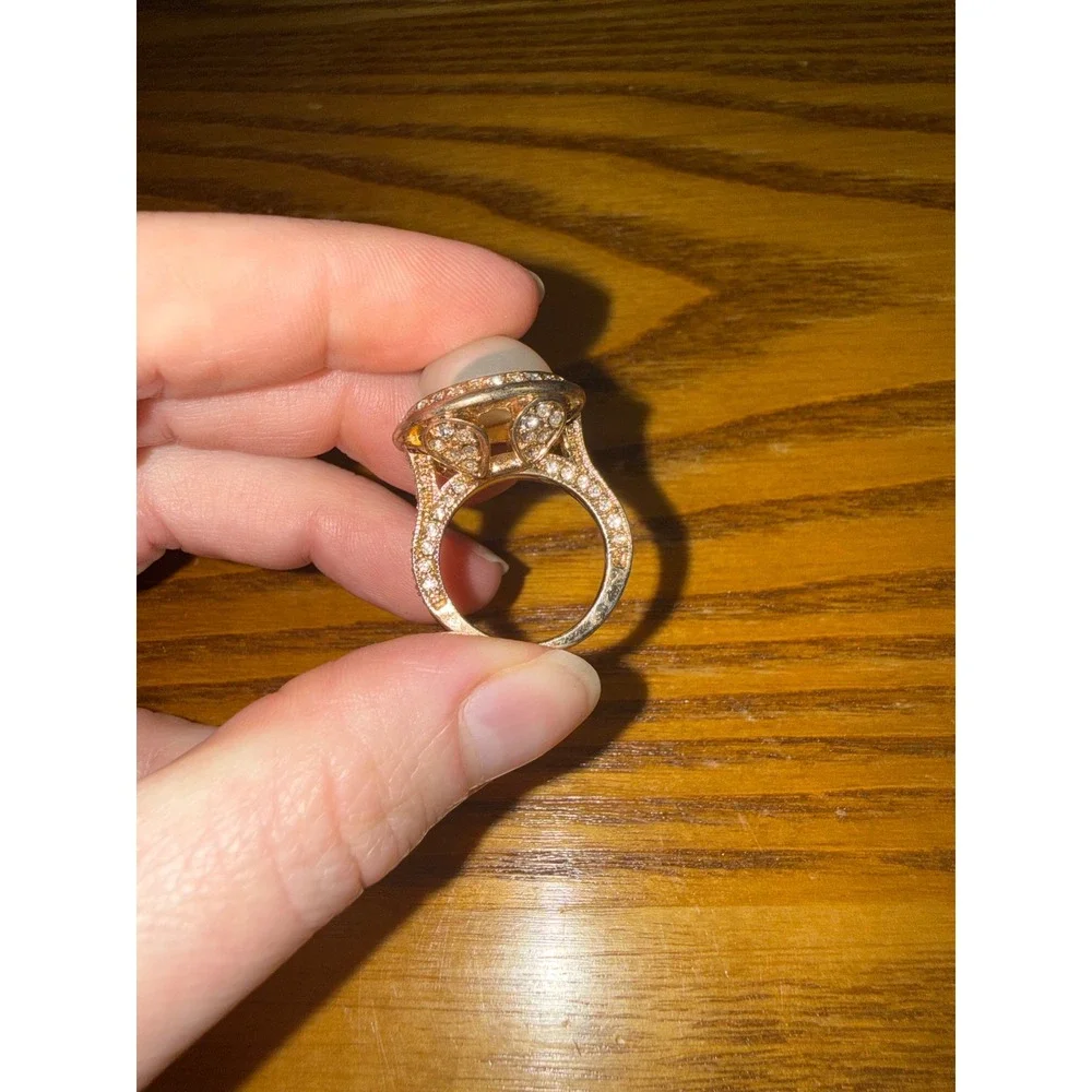 Rose Gold Tone Faux Pearl Pave Crystal Halo Statement Cocktail Ring Size 6.75